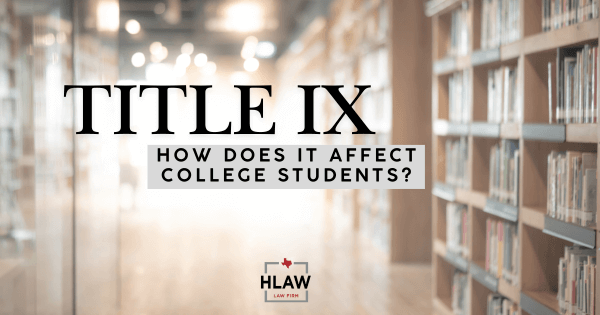 Blurred college library with text overlay reading “Title IX: How Does It Affect College Students?” representing legal rights under Title IX.