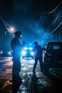 Police officer administering a field sobriety test on the roadside at night