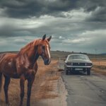 A split image showing a horse on one side and a modern car on the other, illustrating the distinction between animal and motor vehicle.