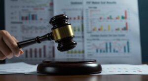 A gavel hitting a sound block next to a blurred image of FSTs, symbolizing challenging test results