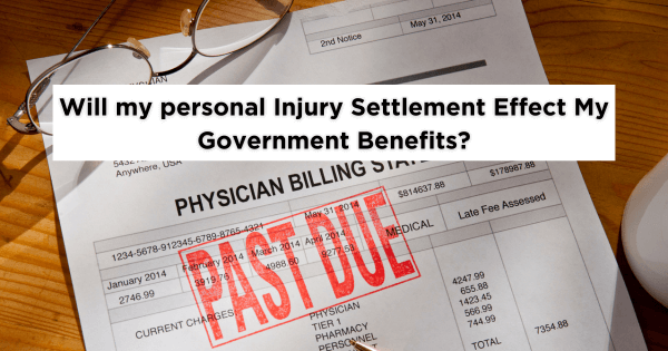 Past-due medical bill with text asking if a personal injury settlement will affect government benefits.