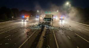 Image of a severe truck accident on a highway, emphasizing the dangers of distracted driving.