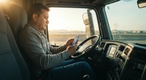 Image of a truck driver looking at a phone while driving, illustrating distracted driving.