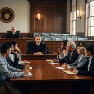 Courtroom scene highlighting discussions on rehabilitation options for probation and diversion programs