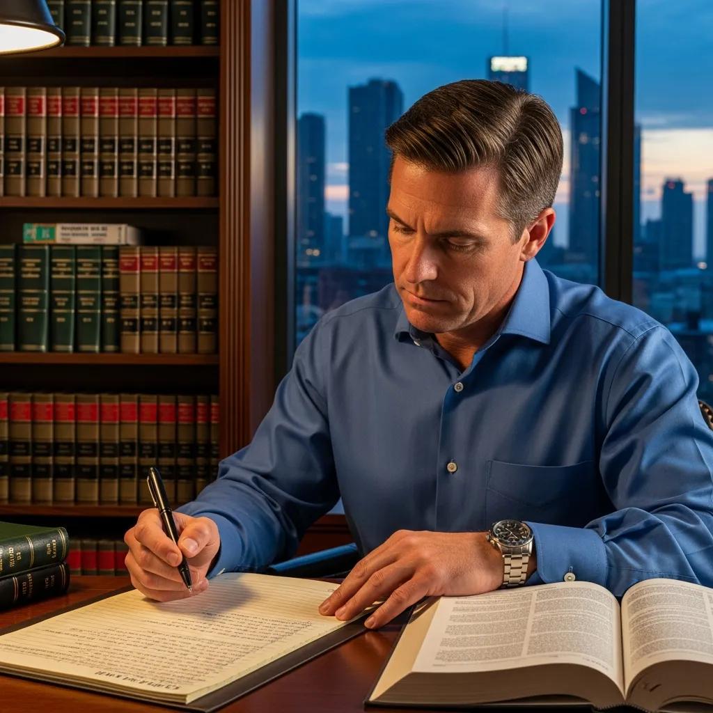 Attorney reviewing case notes in an office with law books and city view
