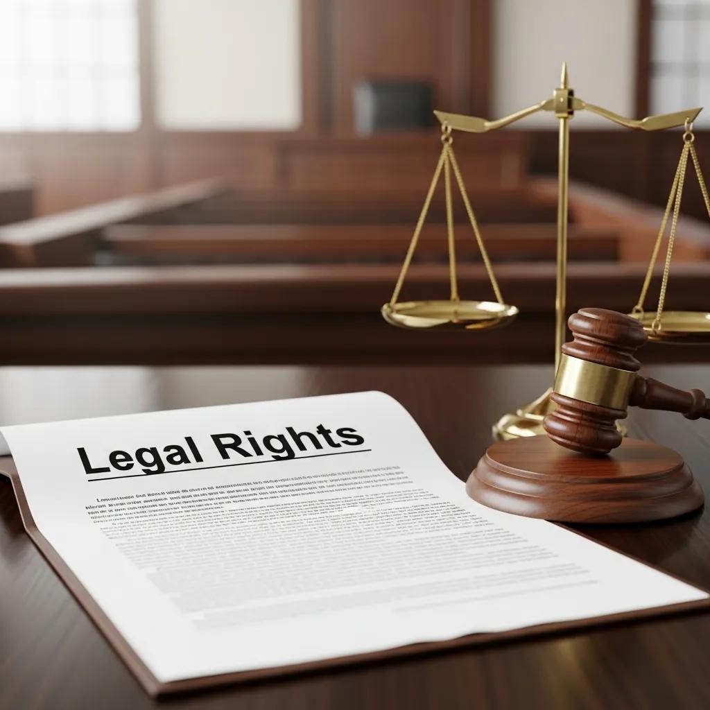 Close-up of a legal document with gavel and scales of justice in a courtroom