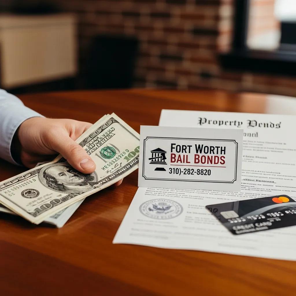 Close-up of cash, bail bondsman card, and property deed representing bail options