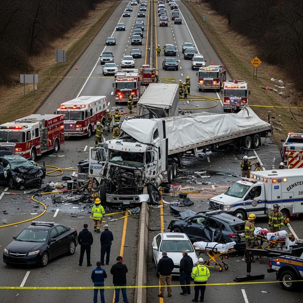 Commercial truck accident scene with emergency responders and damaged vehicles