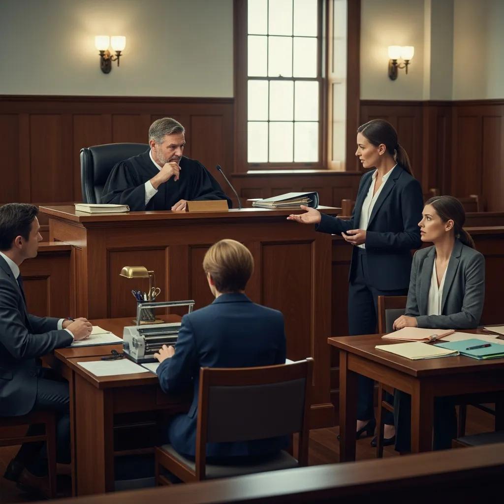 Courtroom scene illustrating the legal process of probation revocation with a judge and lawyer
