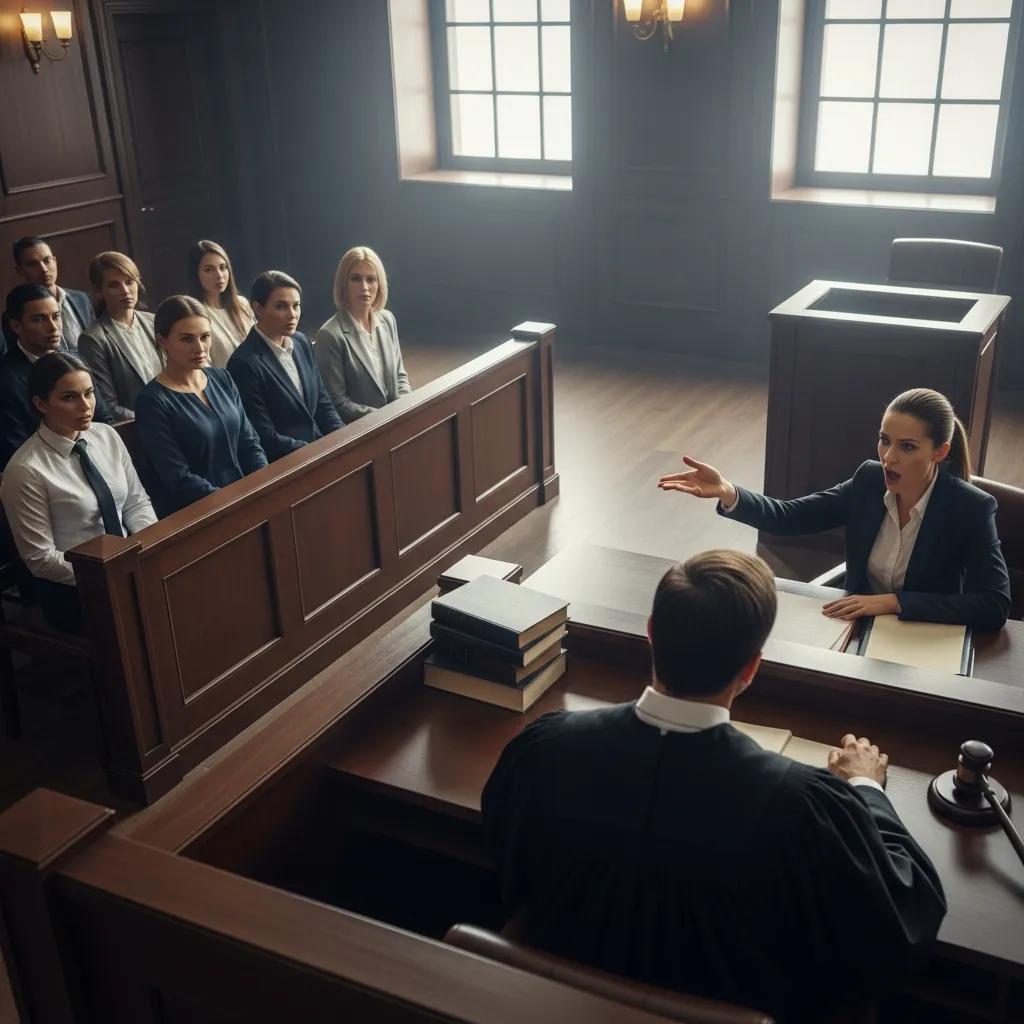 Courtroom scene with a defense attorney arguing a case, emphasizing legal proceedings and justice