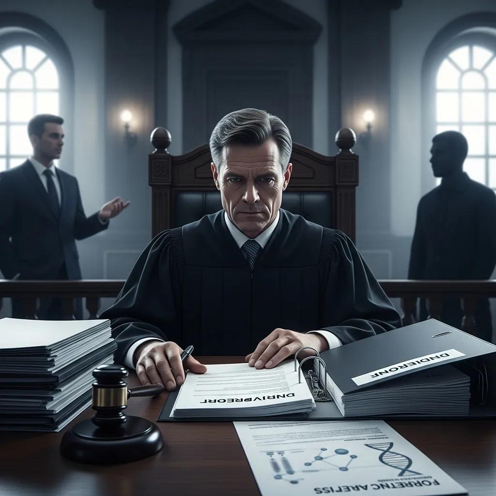 Courtroom scene with a judge reviewing legal documents related to DNA testing eligibility