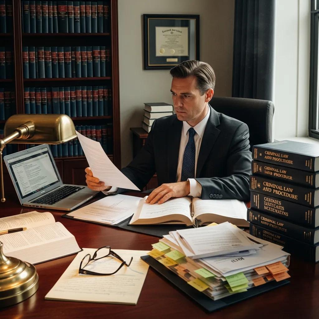 Defense attorney reviewing evidence and documents in a law office, illustrating legal preparation