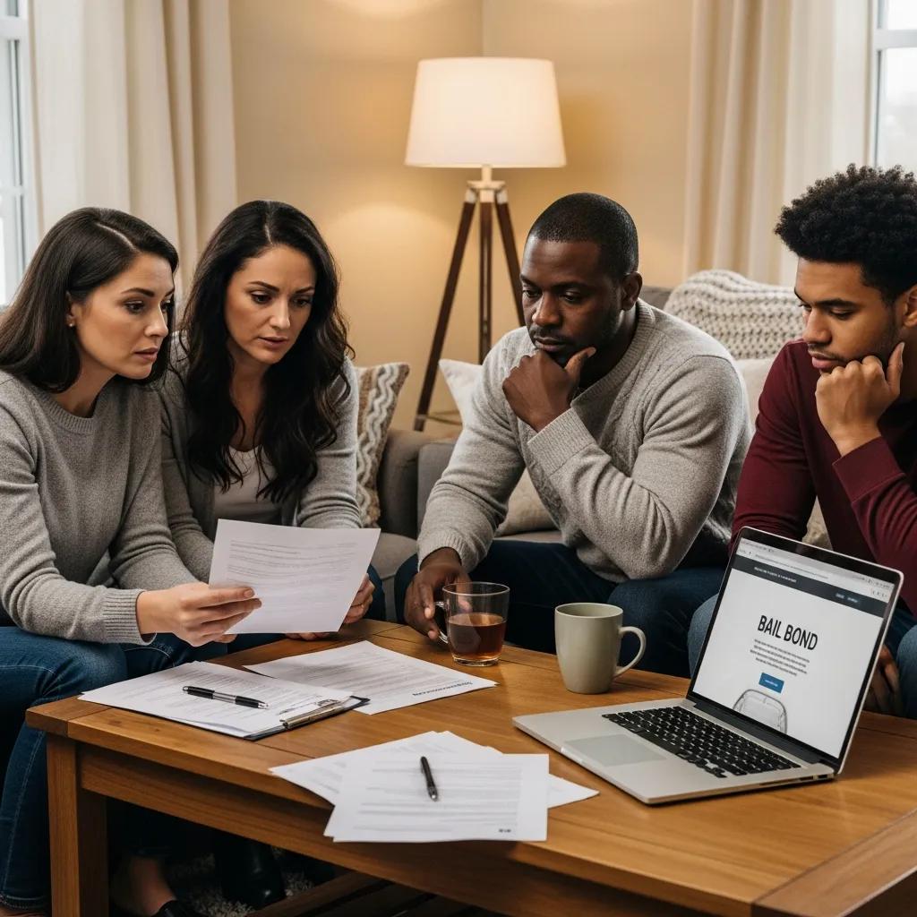 Family discussing bail options in a cozy living room with legal documents and a laptop