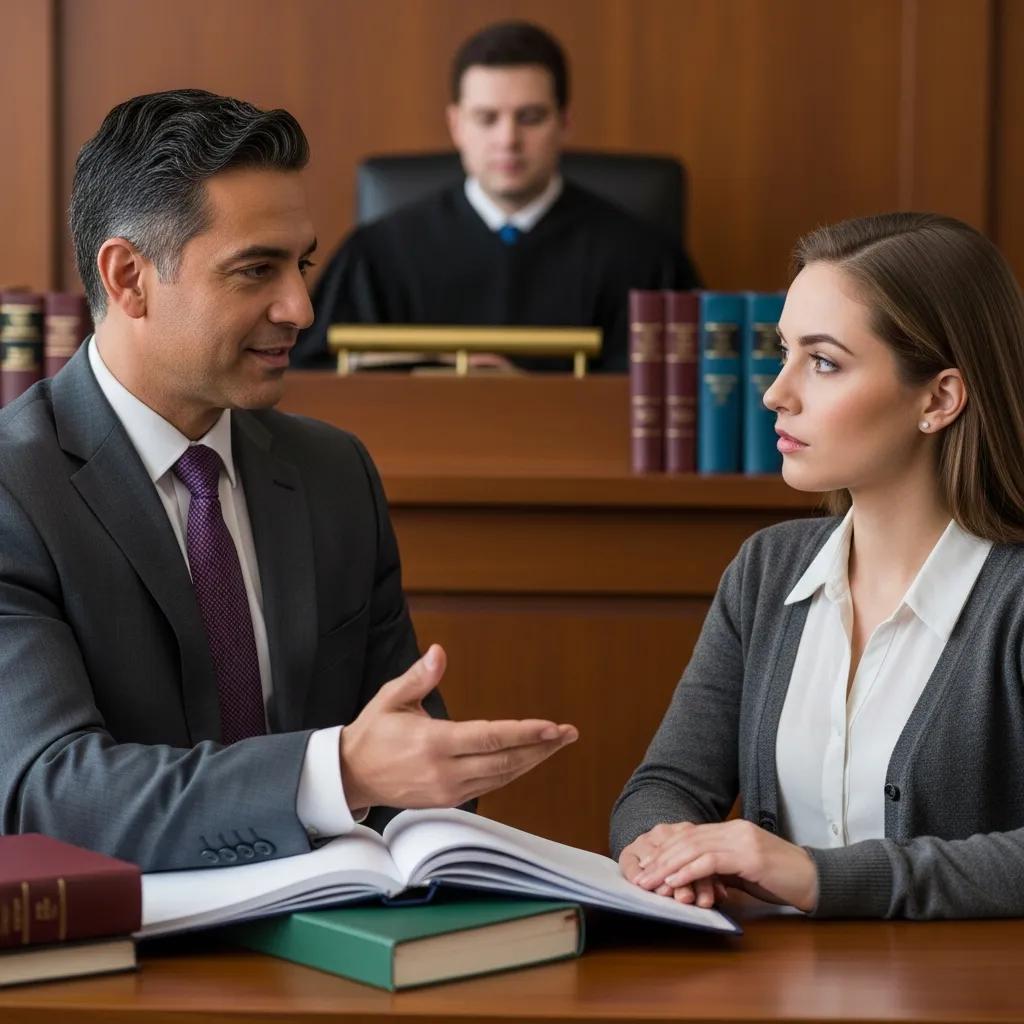 Federal criminal defense attorney consulting with a client in a courtroom