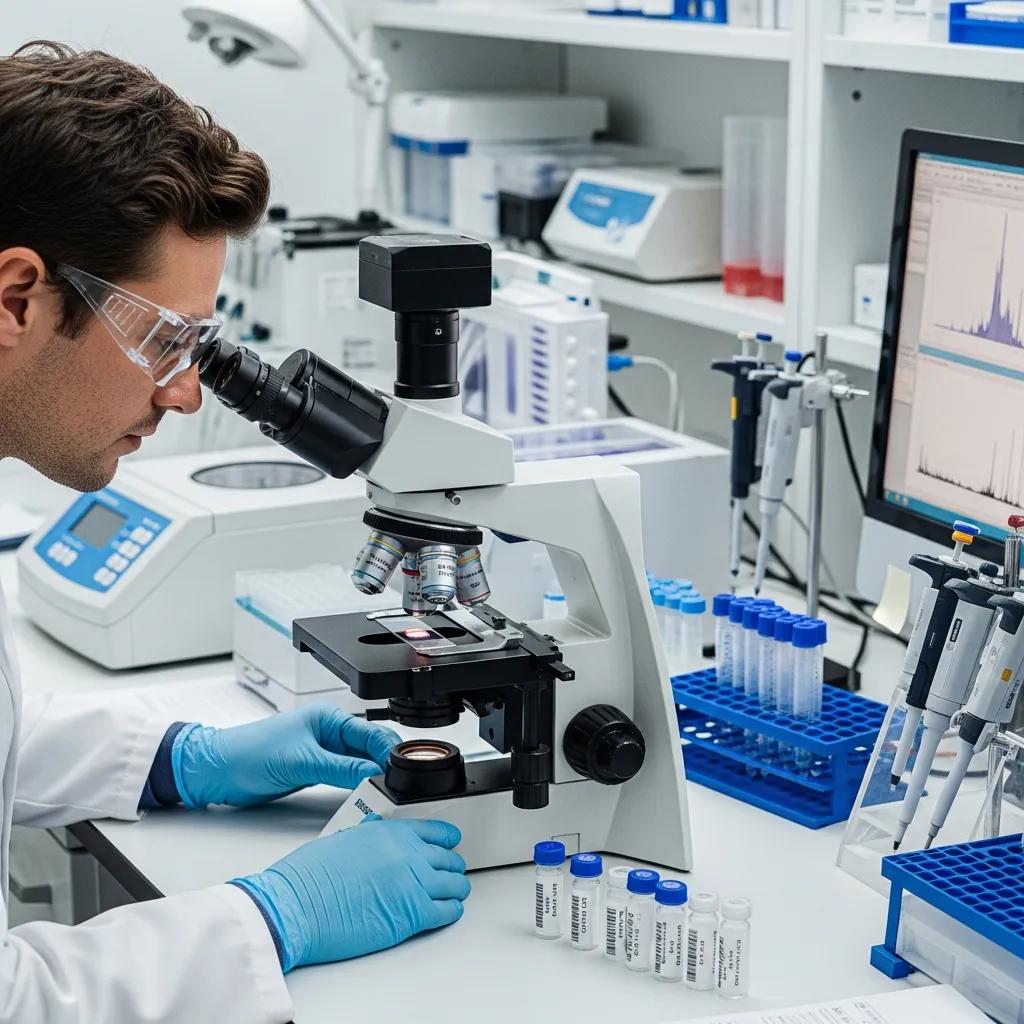 Laboratory scene with a scientist analyzing DNA evidence, highlighting the role of DNA in the justice system