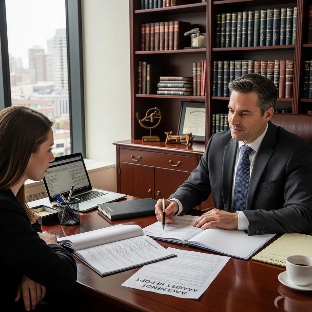 Lawyer consulting with client about truck accident liability in an office