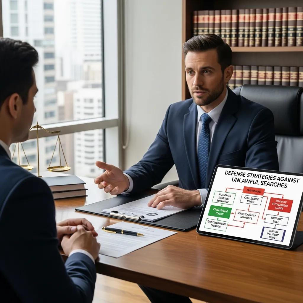 Lawyer explaining defense strategies to a client regarding unlawful searches