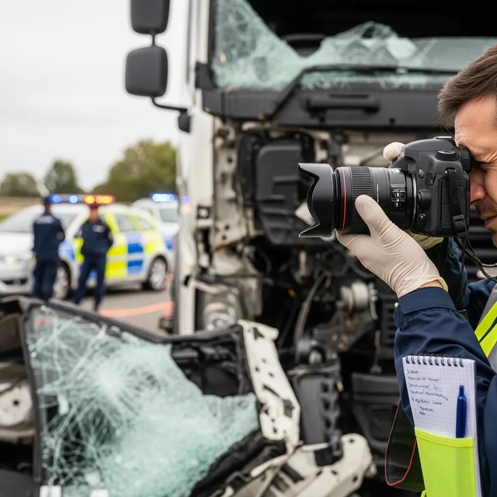 Person gathering evidence at a truck accident scene with camera and notepad