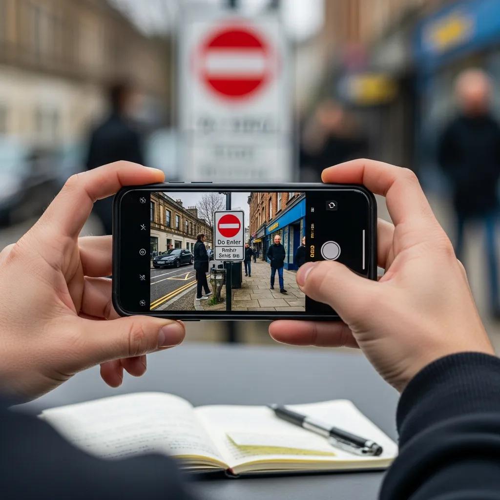 Person gathering evidence for a traffic case with a smartphone and notepad