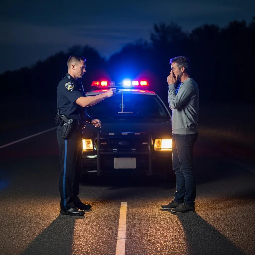 Police officer conducting a field sobriety test at night with a driver