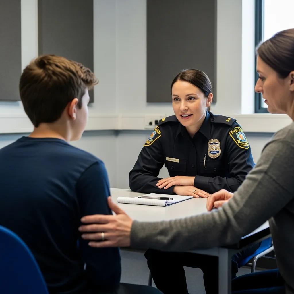 Police officer interacting respectfully with a juvenile and parent during an interview