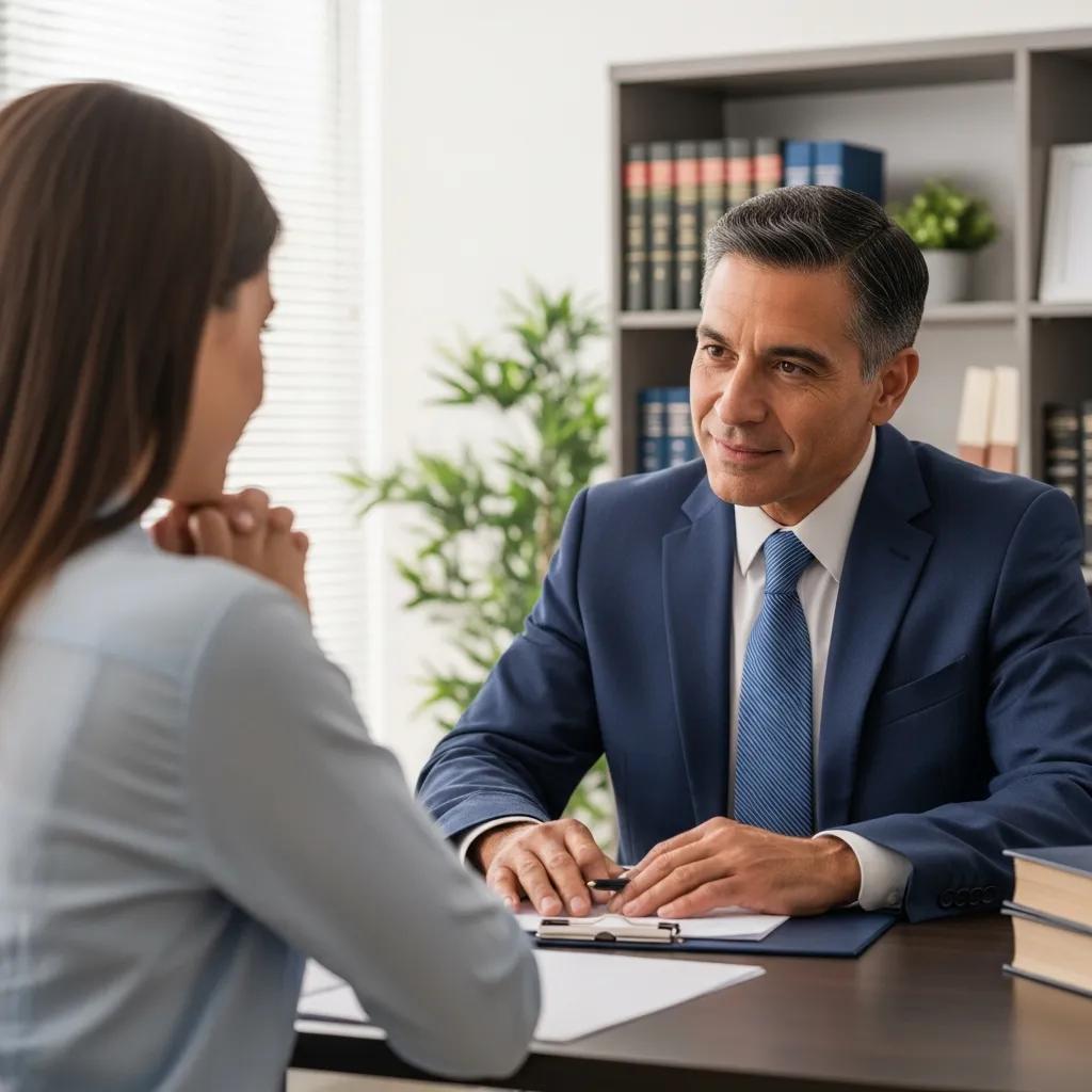 Traffic ticket lawyer consulting with a client in a professional office setting