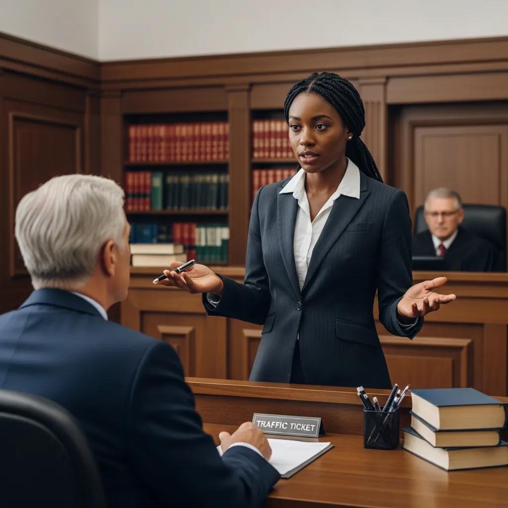 Traffic ticket lawyer negotiating with a prosecutor in a courtroom